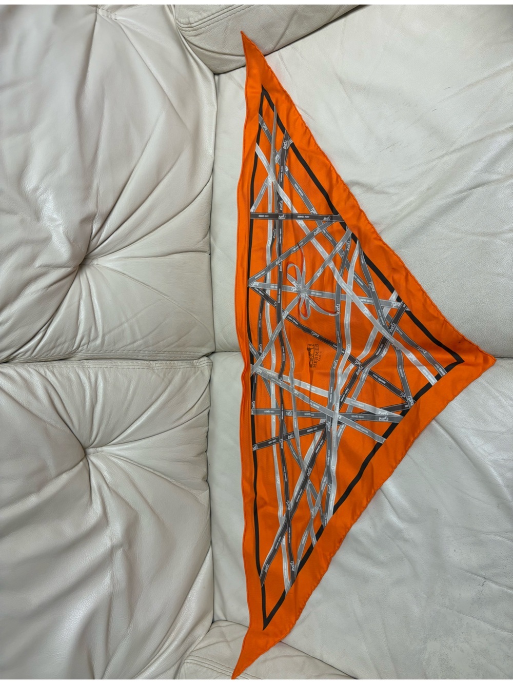 VTG HERMES Bolduc Triangle Silk Scarf Orange Brown White Gray Ribbon - Picture 1 of 15